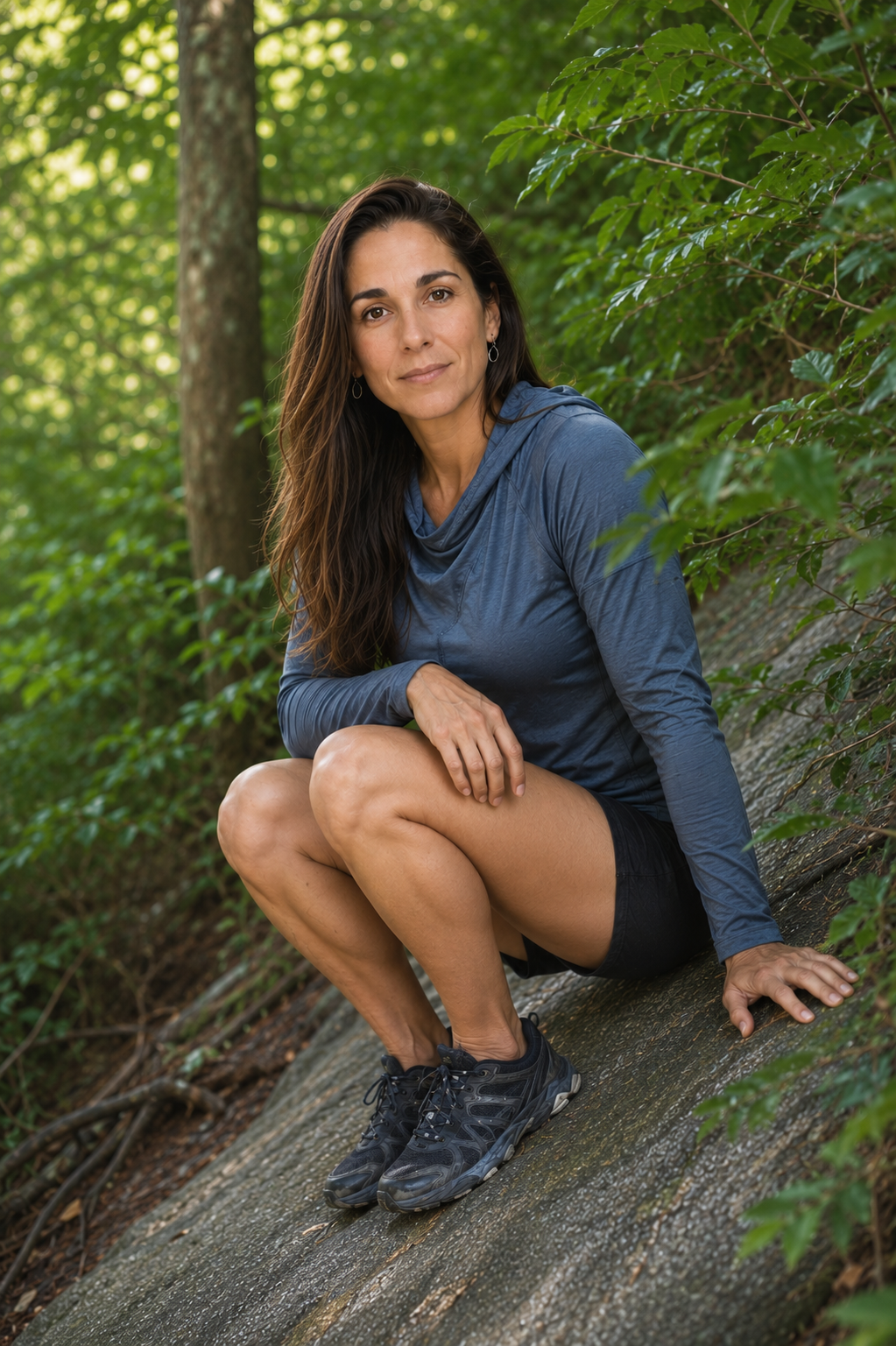 Michelle seated on a fallen tree in a lush woodland